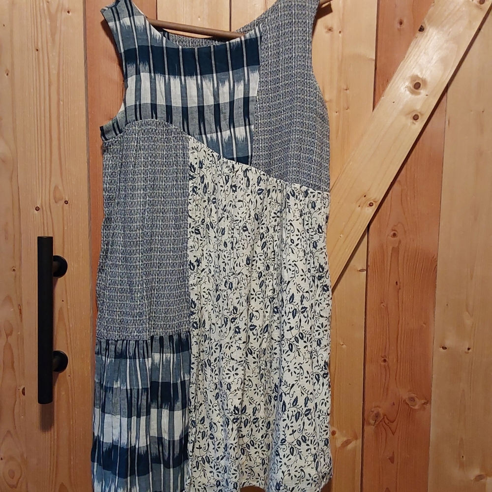 HOLDING HORSES Blue and White Patchwork Mini Dress